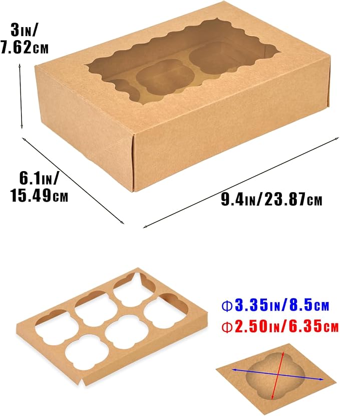 Bakepacker Auto-pop up 6 Cupcake Boxes with Window 20 Count Brown Box 9.4 x 6.1 x 3 inch Cupcake Carrier