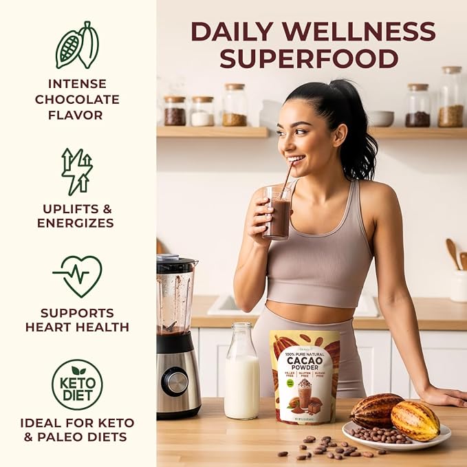 Gya Tea Co Cacao Powder 1.1 lb (17.64 oz) - Unsweetened & Rich Dark Chocolate Flavor for Hot Chocolate, Baking, Smoothies - Non-GMO, Gluten-Free, Vegan Friendly, Keto Diets
