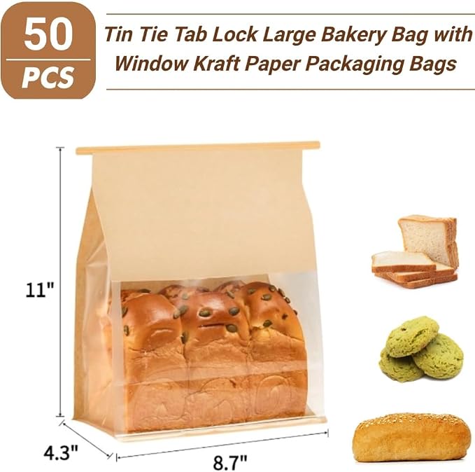 PAICUIKE Bread Bags Large Bakery Bag with Window Packaging Bags Tin Tie Tab Lock 50 Pack, for Homemade Sourdough Bread, 8.7x4.3x11 Inches, Kraft Paper, for Gifting, Bake Sale