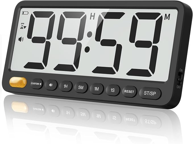 VOCOO Digital Kitchen Timer: 7.6'' Extra Large LCD Display, 99H Countdown, Magnetic, 4 Volume Levels, Visual Light Alert, Battery Operated Count-Up Stopwatch for Cooking, Home Gym, Classroom (Black)