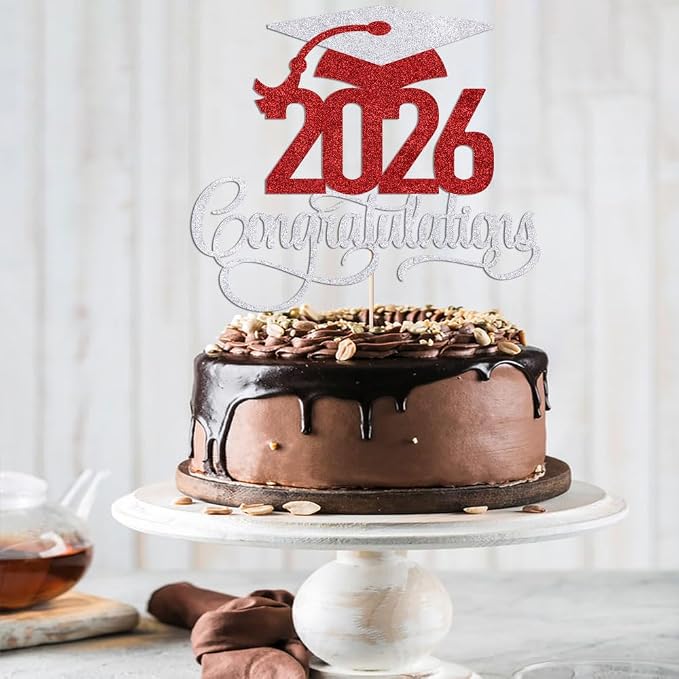 Silver-red 2026 Congratulations Graduation Cake Topper,Congrats Grad Cake Decor - 2026 High School/College/Senior Graduation Party Decorations Supplies