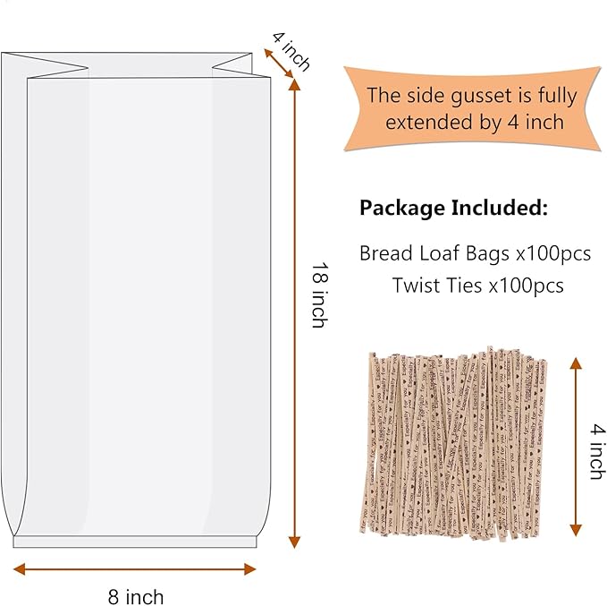 Bread Bags With Ties,100 Pieces 18x4x8 Inches Reusable Plastic Loaf Storage Bags for Homemade Bread Gift Giving