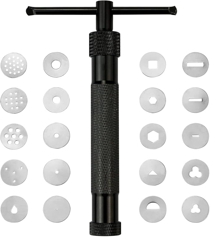 CZWESTC Stainless Steel Clay Extruder with 20 Pattern Discs, Handheld Sugar Paste Press for Fondant Cake Decorating, Polymer Clay Crafts and Ceramic Pottery Sculpture (Black)