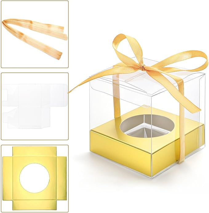 Cididu 48 PCS Clear Plastic Cupcake Boxes, 3.5 Inches Individual Cupcake Holder with Beige Ribbons Inserts, Disposable Single Ornament Gift Box Containers for Mother's Day Wedding Baby Shower Party