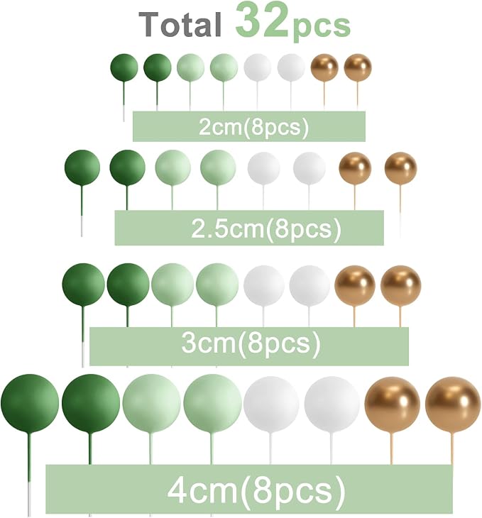 ASTARON 32 Pcs Ball Cake Topper Decorations Mini Balloons Cake Topper Sticks Foam Balls Cake Picks Cake Topper Balls Cake Decorations for Wedding Party Birthday Cake Decorating (Green Gold)