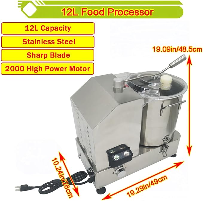 12L Commercial Food Processor Stainless Steel Electric Meat Vegetable Chopper Multifunctional Food Cutter Meat Grinder Meatball Beater 2000W Blender for Fruit Vegetable Grains Garlic