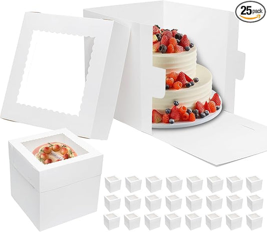 Mefleet 25pcs Tall Cake Boxes 10x10x10 Bakery Boxes for Tier Cakes with Window 10 Inch White Large Cardboard Bakery Take Out Carrier Containers with Lids for Wedding, Birthday, Party