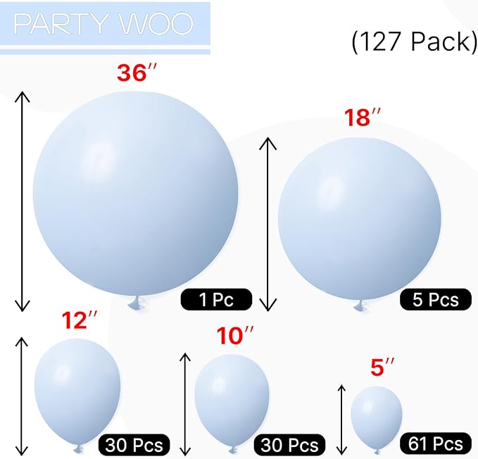 PartyWoo Baby Blue Balloons 127pcs Different Sizes of 36 18 12 10 5 Inch Light Pastel Sky Aqua Blue Balloon Arch Kit Garland for Graduation Baby Shower Gender Reveal Easter Party Decorations Blue-Q13