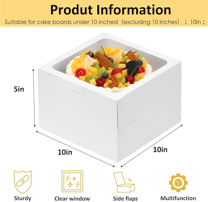 Moretoes 2 Pack Cake Boxes 10 Inch with Boards, 10x10x5 Inches White Cake Carrier Bakery Containers, Disposable Bakery Boxes for Valentine's Day Mother's Day for Cake Cupcake Cookie Pie Pastry