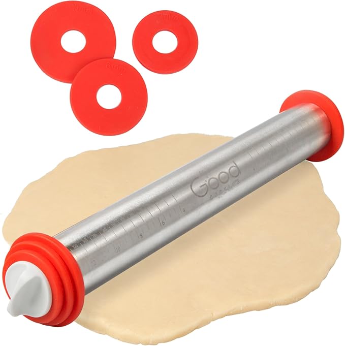 Good Cooking Adjustable XL Rolling Pin with 3 Spacer Rings, 17 Inch Stainless Steel Nonstick French Pastry Roller for Dough, Cookies, Pie Crust, Pizza, Fondant, Baking and Kitchen Prep