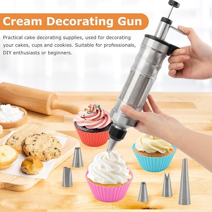 Dessert Decorating Syringe Set, Frosting Piping Kit with 6 Piping Tips, 9 cupcakes, 2 adapter, 3 cream squeegee, Stainless Steels Cupcake Decorating Kit for Baking
