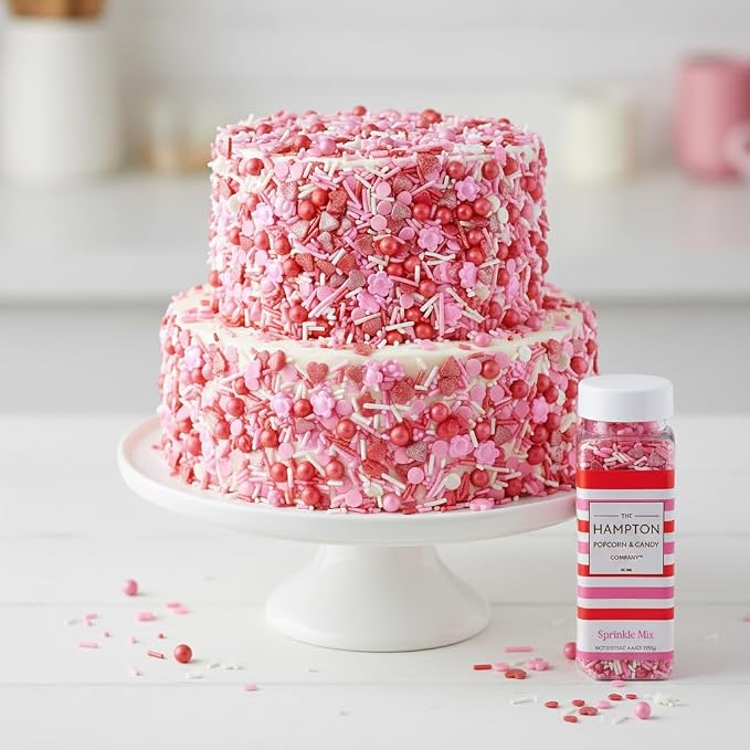 Hearts, Flowers & Pearls Sprinkle Mix Red, White and Pink 4.4 oz, Valentines Sprinkles Sprinkles For Cake Decorating, Baking, Ice Cream & More, The Hampton Candy Company