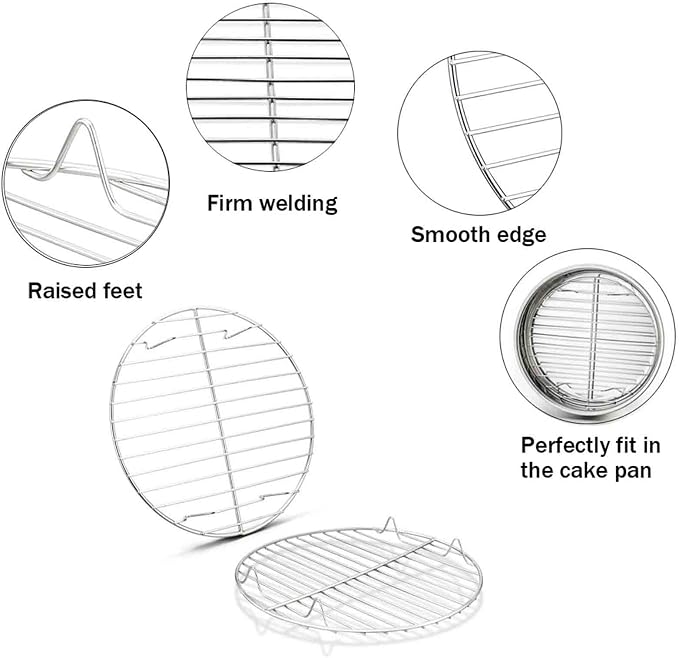 TeamFar Round Cooling Rack Set of 4, 7½ Inch Round Baking Steaming Roasting Rack Set Stainless Steel for Pot Air Fryer, Healthy & Mirror Finish, Dishwasher Safe & Rustproof