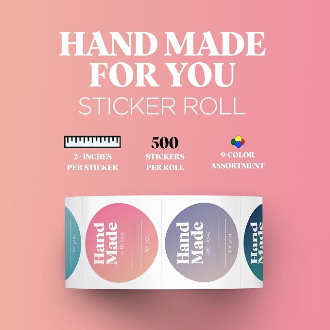Mobiusea Creation Handmade with Love Labels Roll | Colorful Gradient Design | 2 inch Round Cut | 500 Labels for Homemade Goods, Handmade Stickers, Soap Candle Canning Supplies