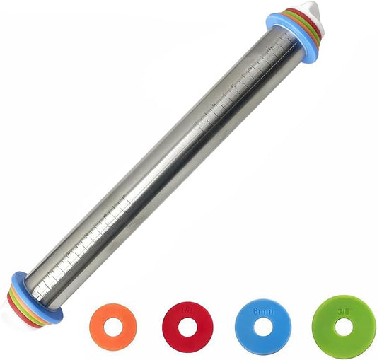 17" Adjustable Rolling Pin with 4 Sets Thickness Rings, Stainless Steel Dough Roller Pin for Pizzas, Pies, Biscuits, Dumplings, Pasta - Easy to Clean