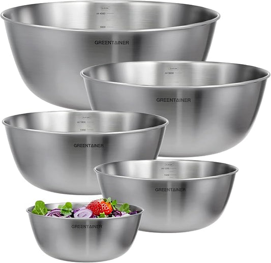 Greentainer Stainless Steel Mixing Bowls Set of 5 | 5.2 to 0.8 Qt Nesting Bowls with Measurement Markings | Dishwasher Safe | Metal Kitchen Bowls for Baking, Prepping, Cooking and Serving Food