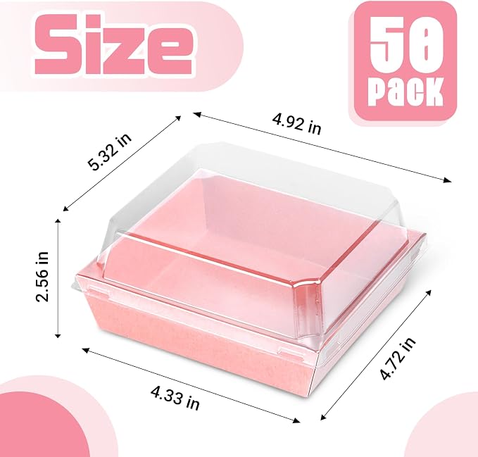 50 Pack Plastic Charcuterie Boxes with Clear Lids, 5" Small Paper to Go Food Container for Sandwich Salad Snack, Disposable Mini Bakery Dessert Boxes for Cupcakes Slice Cookies Strawberry Pink