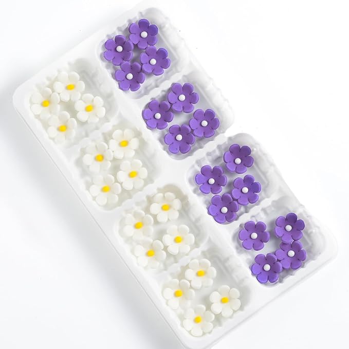 Edible Flowers Cake Decorations 32 Count White & Purple Blossoms Royal Icing Decorations Daisy Sugar Wedding Flowers for Baking Cupcakes Ice Cream Waffles Cookies Birthday Cake