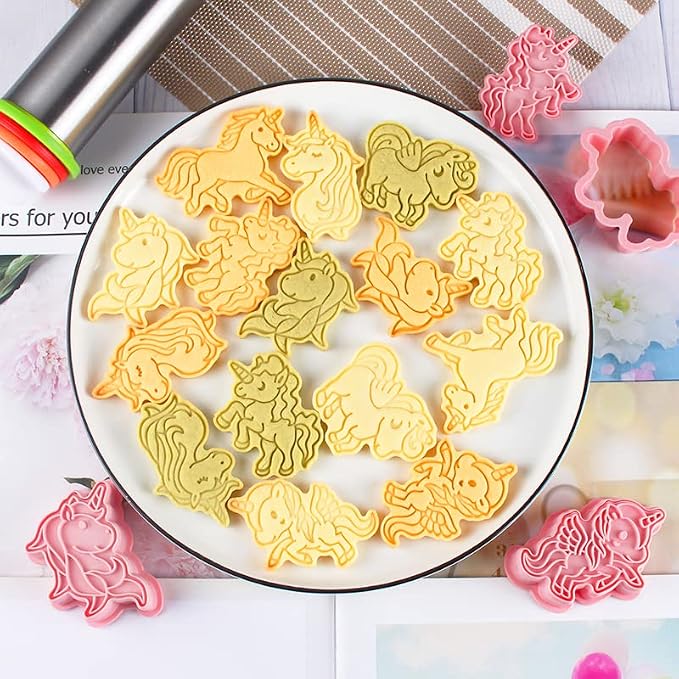 6 Pieces Cute Uncorn Cookie Cutters Set Plastic Unicorn Shape Cookie Stamps Cookie Mould Press Unicorn Cookie Mould Set Baking Kitchen Tools (Unicorn 0209)