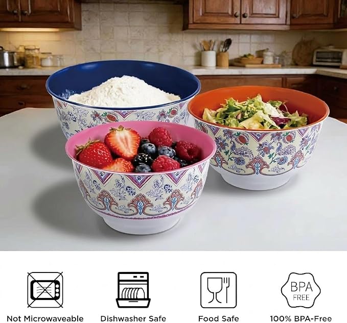 TP Mixing Bowl Set with Lids, 6-Piece Melamine Nesting Bowls Set for Pasta Baking Salad Mixing, Set of 3, Ottoman Floral