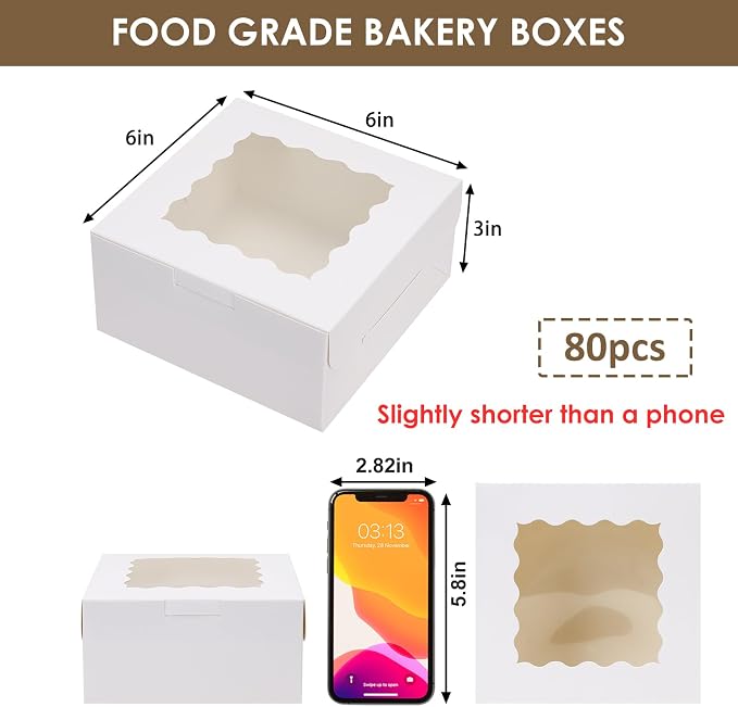 Moretoes 80pcs 6x6x3 Inches Bakery Boxes, Cookie Boxes with Window, Small Treat Containers for Pastries, Chocolate Covered Strawberries, Macarons, Cupcakes, Goodies, Donuts,White
