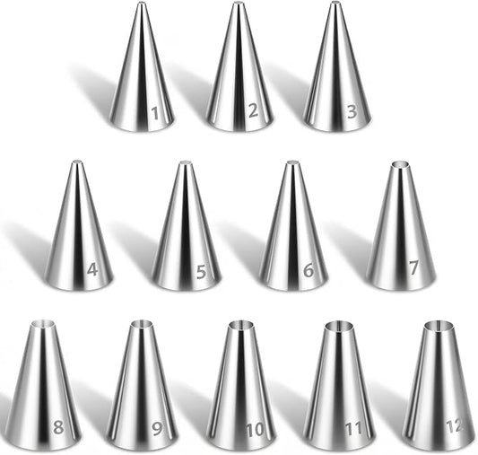 12 Pcs Frosting Tips Round Piping Tips Set, Stainless Steel Icing Tip for Decorating Cupcake Nozzles Small Cake Piping Tip Cake Writing Icing Pastry Dispensers Supplies for Baking Cookies Puff Cream