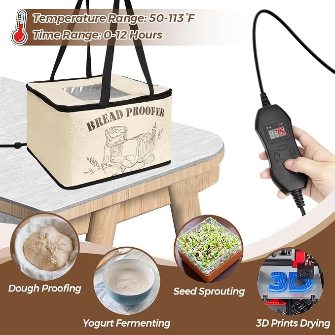 Bread Proofer with Heater, Electric Dough Proofing Box Timer | Temperature Control 0–130℉, Sourdough Pizza Yogurt Cheese Fermentation, Foldable Kitchen Countertop Bread Proofing Box Use