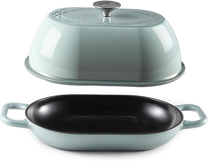 Krustic Enameled Cast Iron Dutch Oven for Professional Sourdough Bread Baking | 5.5 Quart Loaf Size Oval Cookware Pot with Lid | Triple-Layer Enamel Coating Pan with Non Stick Silicone Mat | Sea Salt