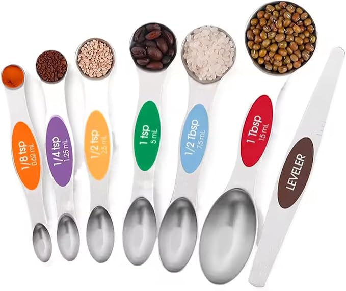 Set of 7 Stainless Steel Magnetic Measuring Spoons Set with Leveler - Stackable Tablespoon Measure Spoon for Baking and Cooking, Kitchen Gadgets for Apartment Essentials (Multicolor)