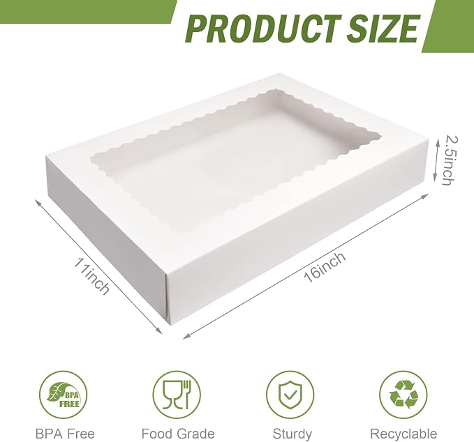 Rarapop 4 Pack Large Cookie Boxes with Window, 16x11x2.5 Inches Auto-Popup Bakery Boxes Treat Boxes for Pastries, Donuts, Pies, Muffins