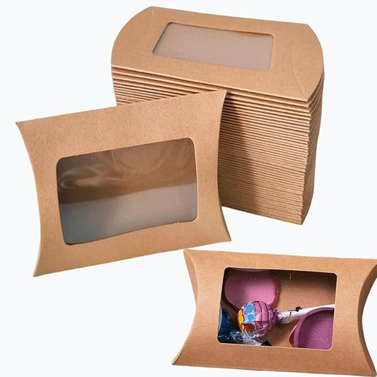 50 Pcs Pillow Gift Boxes with Windows,Kraft Paper Mini Pillow Packaging Box, Creative Favor Box Folding Treat Boxes with Clear Window for Bakery Candy Chocolate Jewelry Display Wedding Party Favor (kraft-Big)