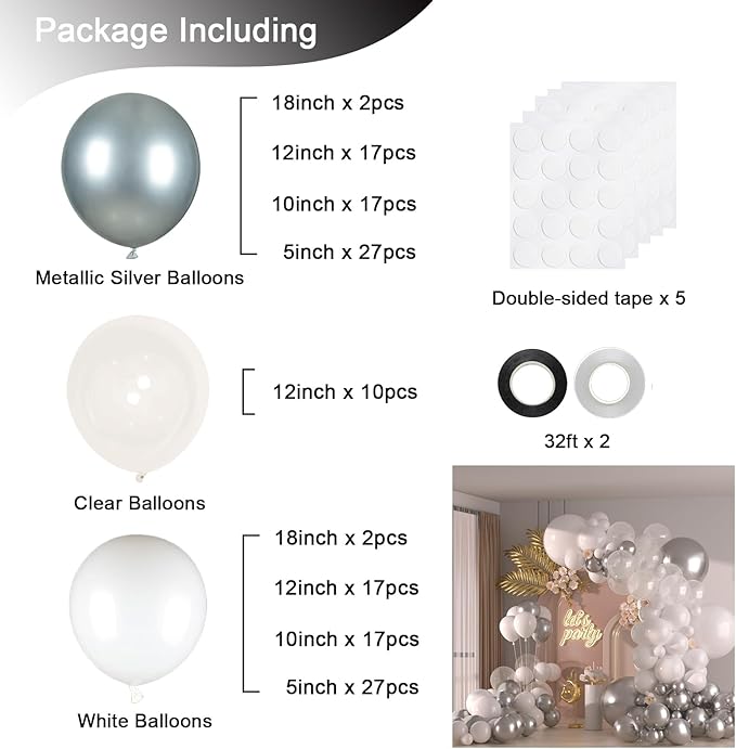 136pcs White and Silver Balloons Garland Arch Kit With Clear Balloons,18 12 10 5 Inch Party Latex Balloons for Birthday Wedding Anniversary Party Decorations
