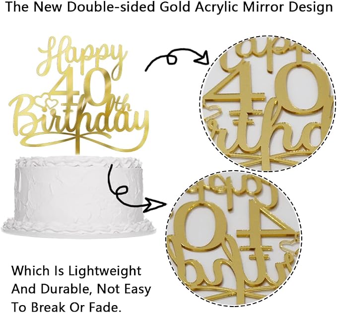 Sleyberoy Acrylic Happy 40th Birthday Cake Topper- Hello 140,Cheers to 40 Years,40th Anniversary/Birthday Party、 men and women Happy forty Birthday Selected cake decoration (40th)