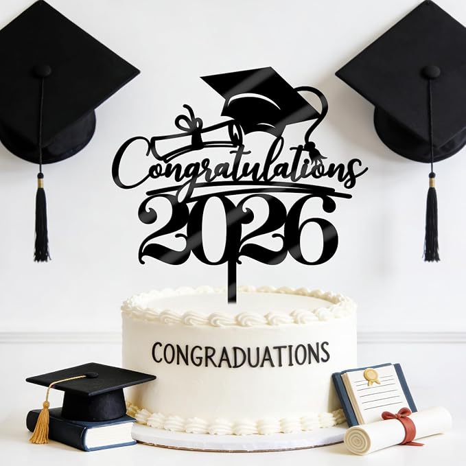Congratulations 2026 Graduation Cake Topper,Congrats Grad Cake Decor - 2026 High School/College/Senior Graduation Party Decorations Supplies (black Acrylic 2)