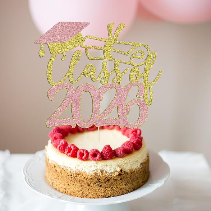 Gold Class of 2026 Congrats Grad Cake Topper Glitter Graduation Party Supplies - High School College Graduates -College Graduate Cake Topper Decorations (Class of 2026 Gold and rose gold)