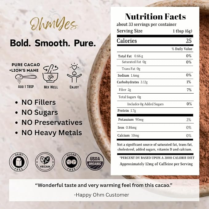 OhmYes Lion's Mane Mushroom Cacao | Premium Pure Raw Organic Cacao Powder | Natural Chocolate Powder Drink Mix | Sugar-Free Flavanol Rich Superfood | Unsweetened | 33 Servings