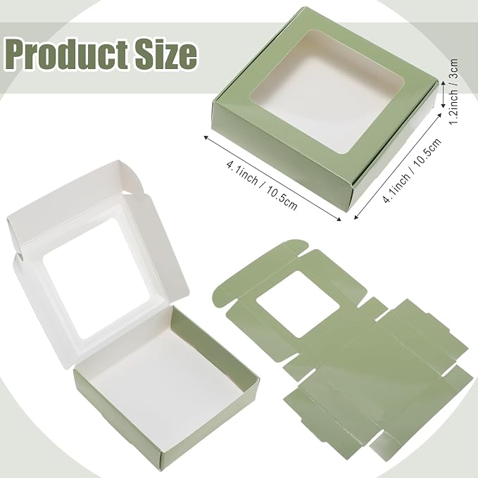 Zonon 30 Pcs Kraft Paper Boxes with Window 4.13 x 4.13 x 1.18 Inch Candy Packaging, Small Gift Boxes, Soap holder, Mini Treat Packaging for Bakery Chocolate Jewelry Display (Sage Green)