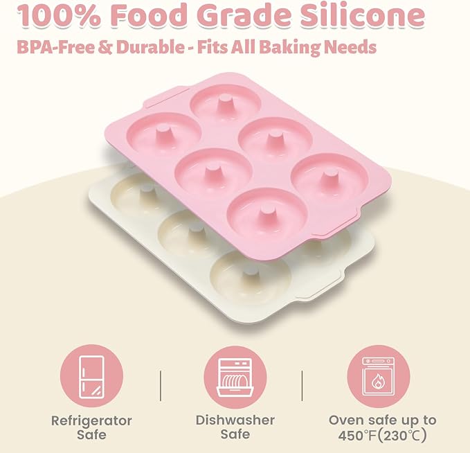 Nonstick Silicone Donut Pan: 4 Inch Large Donut Mold with Metal Frame - Bagel Doughnut Pan for Baking Gluten Free Glazed Vegan - for Oven Housewife Home Baker Baking Lovers (Pink & Beige)