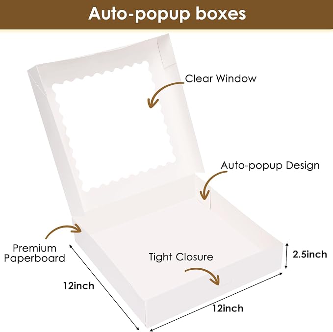 Moretoes 5pcs Pie Boxes, 12x12x2.5 White Bakery Boxes, Auto-Popup Cookie Boxes for Pies, Dessert Boxes Treat Boxes for Pizza, Strawberries, Chocolate, Pastries, Donuts, Graduation Celebration