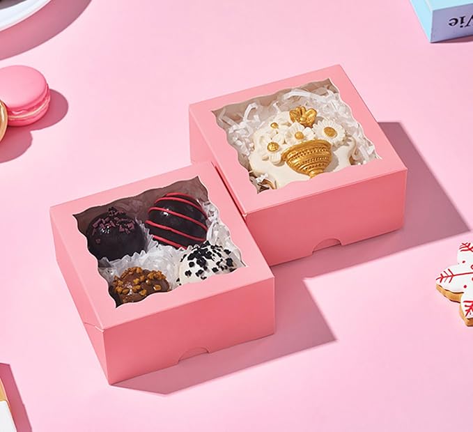 100-Pack 4x4x2 Inches Pink Bakery Boxes - Treat/Cookie/Truffle Boxes for Mini Cakes, Pies & Cinnamon Rolls - Wedding Party Favor Packaging