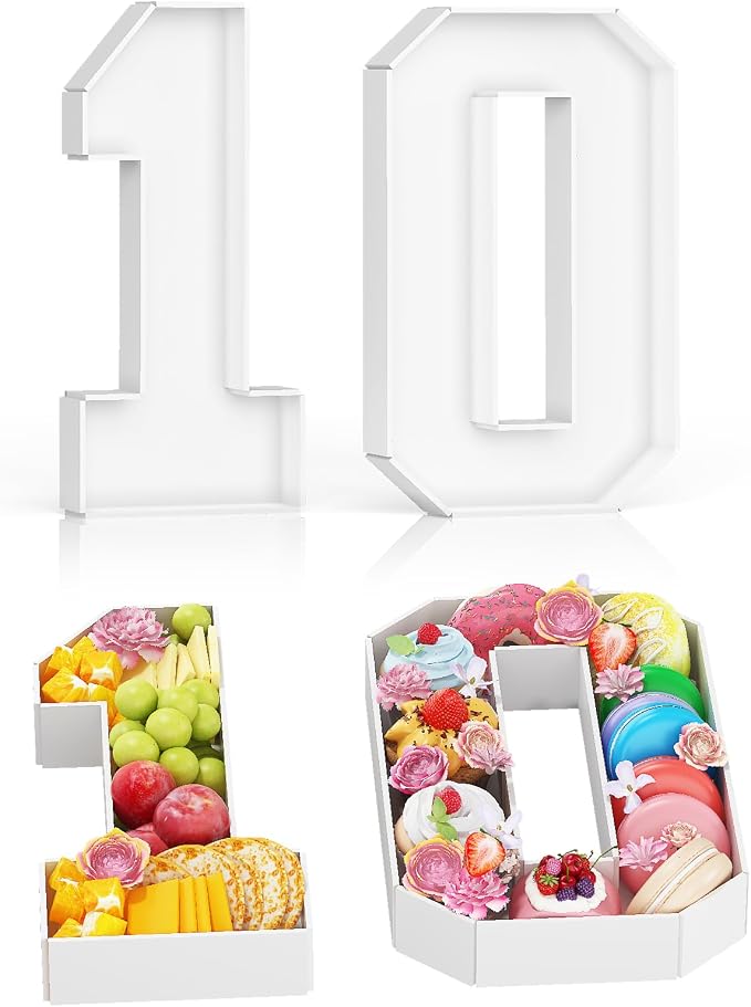HILAVO Cardboard Number for Charcuterie, 13.7" Cardboard Number 10 Fillable Number for Food Paper Mache Number Boxes for Cupcake Sweet Candy 10th Birthday Anniversary Party Decorations