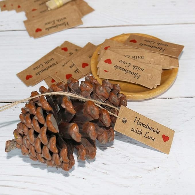 200 Pieces Handmade with Love Tags Handmade Tags Kraft Paper Handmade with Love Tags with 65.6 Feet Natural Jute Strings Brown