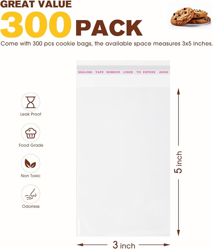 300 Pcs Clear Self Sealing Cellophane Bags, 3x5 Inches Cookie Bags Resealable Cellophane Bag for Packaging Cookies, Candy, Gifts, Favors and Products, 3 Mils Individual Self Adhesive Wrappers