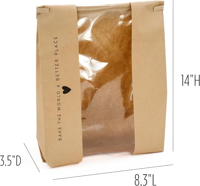 50 pk Paper Bread Bags for Homemade Bread Gift Giving | Kraft Paper Bread Loaf Bags with Window | Sourdough Bread Bags for Gifting | Tin Tie Tab | Cookies | Bakery | Treat Packaging | Home Kitchen