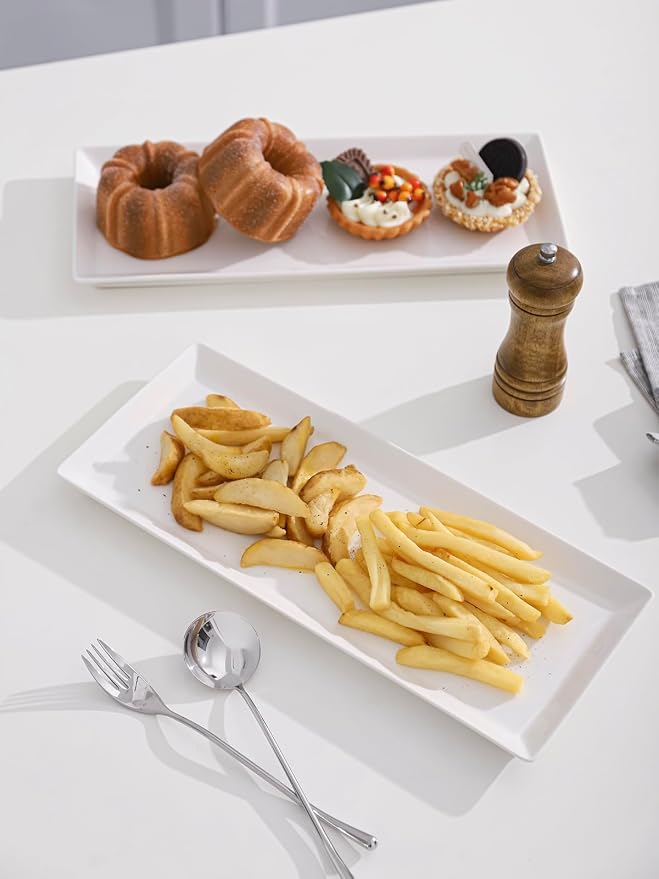 Kanwone White Serving Platters, Porcelain Serving Trays for Parties, Large Rectangular Plates - 14.5 Inch, Set of 4