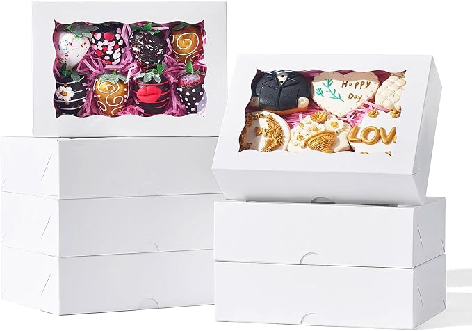 RomanticBaking 8x5x2 Inch 51PCS Bakery Boxes with Window for Cookies, Chocolate Covered Strawberries,Cakesickle, Chocolate Truffle Boxes Pretzel Box & Party Favors Packing