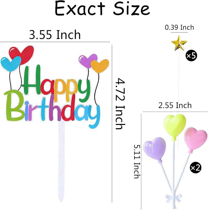 Colorful Happy Birthday Cake Topper Set - Stars and Hearts Picks, Perfect for Kids' Birthdays, Rainbow Themed Parties Ideal for Cupcakes Party Decor