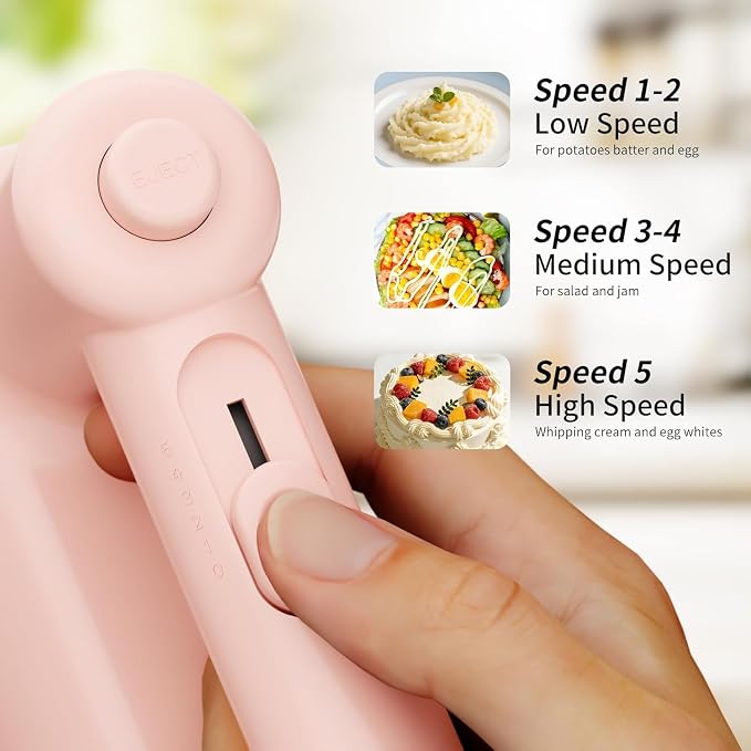 Electric Hand Mixer, 5-Speed Handheld Mixer for Baking Cakes, Eggs, Cream, 150W Turbo Boost Kitchen Mixer, Pink, Gifts for Women Mother