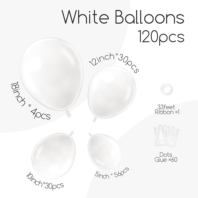 120pcs White Balloon Arch Kit, 18 12 10 5 inch White Latex Balloons Different Sizes Balloon Garland for Engagement Bachelorette Bridal Shower Wedding Party Birthday Decorations
