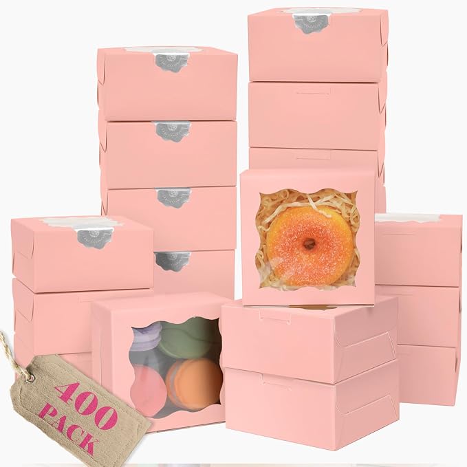 Bakepacker 400pcs Pink Bakery Boxes with Window 4"x 4"x 2.5" Thick & Cookie Boxes & Sturdy Macaroon Pastry